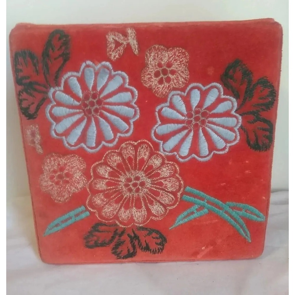 Jewelry Keepsake Box Case Vtg Red‎ Velvet Embroidered 7.5 India Boho Rustic READ